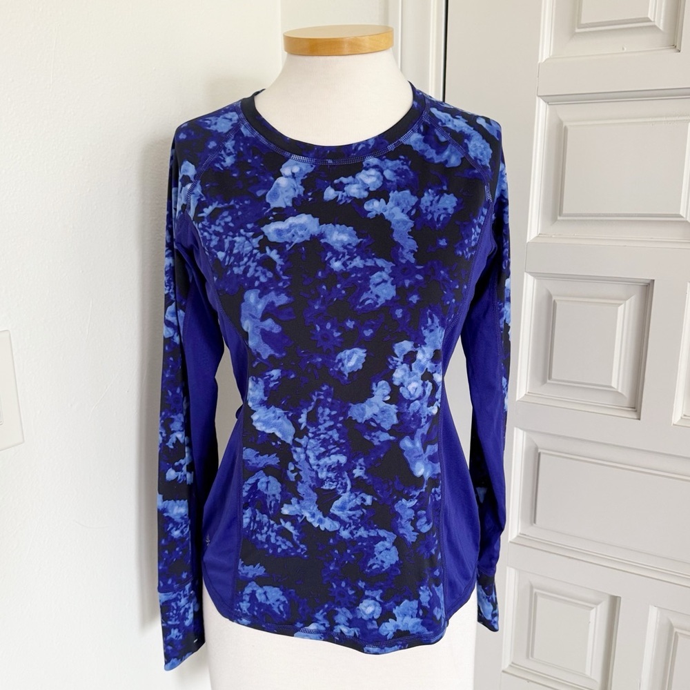 Athleta Workout Top Blue Abstract Pattern Long Sleeve Running Size Small